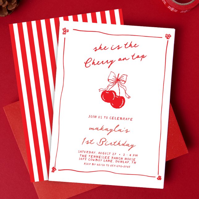 Hand Drawn Cute Cherry On Top Red 1st Birthday Invitation (Creator Uploaded)