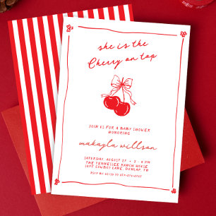 Hand Drawn Cute Cherry On Top Red Baby Shower Invitation
