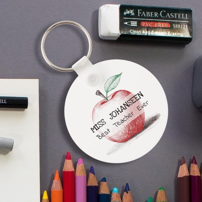 Hand Drawn Cute & Fun Red Apple Best Teacher Ever  Key Ring (Creator Uploaded)