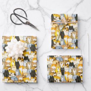 Hand Drawn Cute Kittens Pattern Pet Cats Wrapping Paper Sheet