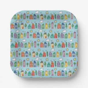 Hand Drawn Cute Whimsy Neighbourhood Paper Plates