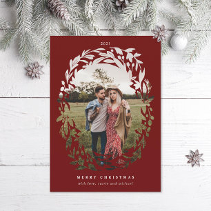Hand-Drawn Cutout Wreath Frame Red Holiday Photo Card