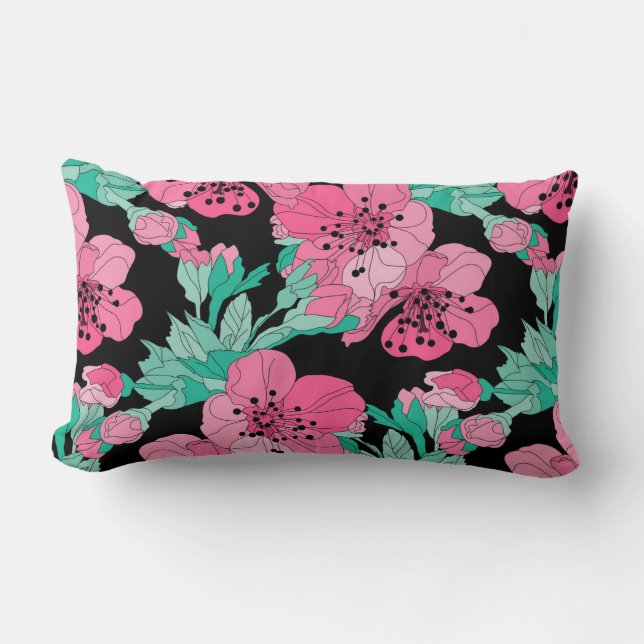 Hand Drawn Decorative Cherry Blossom Pattern Lumbar Cushion (Front)