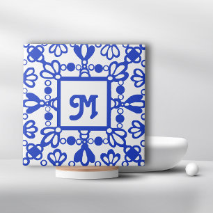 Hand Drawn Delft Blue Ornate Monogram Initial Ceramic Tile