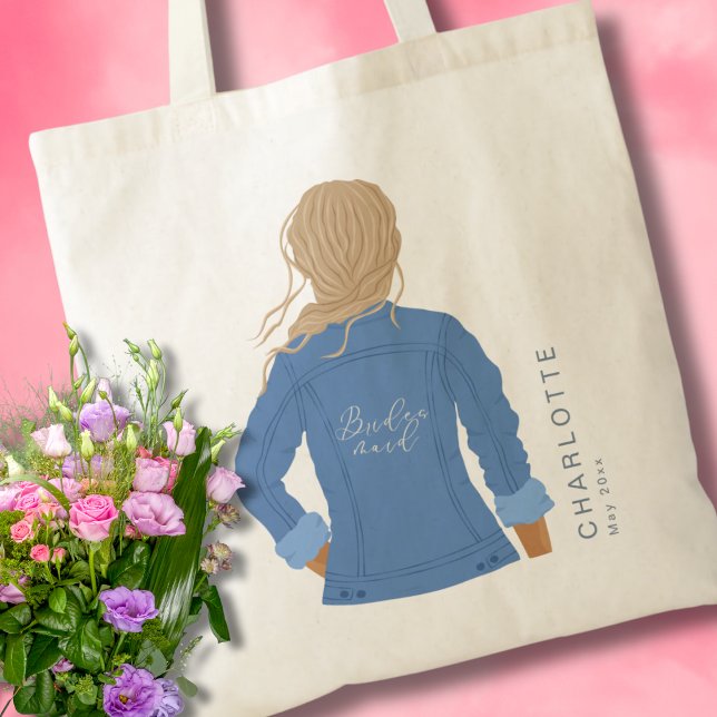 Hand Drawn Denim Jacket Blonde Hair Bridesmaid Tote Bag (Creator Uploaded)