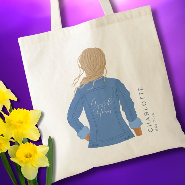 Hand Drawn Denim Jacket Blonde Hair Maid of Honour Tote Bag (Creator Uploaded)