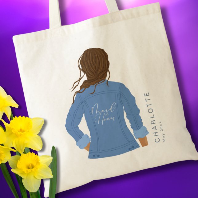 Hand Drawn Denim Jacket Brown Hair Maid of Honour Tote Bag (Creator Uploaded)