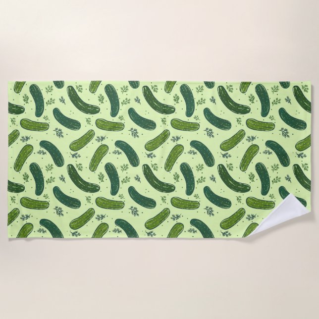 Hand Drawn Dill Pickle Pattern Beach Towel (Front)