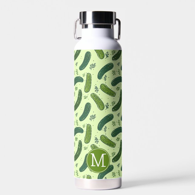 Hand Drawn Dill Pickle Pattern & Monogram Water Bottle (Front)