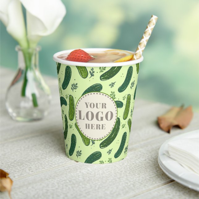Hand Drawn Dill Pickle Pattern with Logo Paper Cups (Insitu)