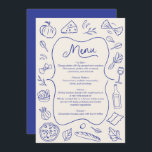 Hand Drawn Dinner Menu Italian Blue<br><div class="desc">Enhance your wedding reception with this illustrated menu card. Featuring hand-drawn food icons and a classic design, this customisable menu card adds a charming touch to your special day. Perfect for showcasing your carefully curated menu, this card is both elegant and functional, making it a beautiful keepsake for your guests....</div>
