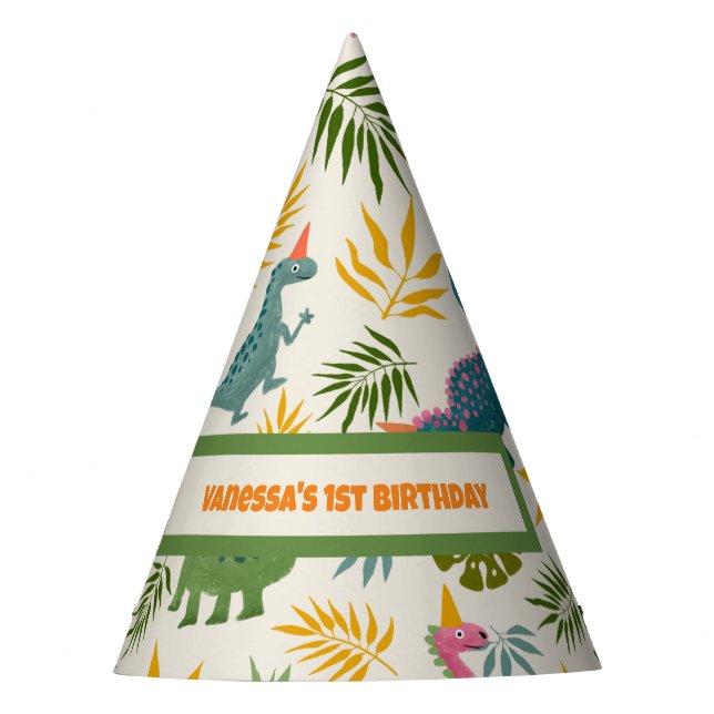 Hand-drawn Dino-mite Birthday Party Colourful Party Hat (Front)