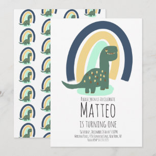 Hand Drawn Dinosaur Rainbow Birthday Party Blue Invitation