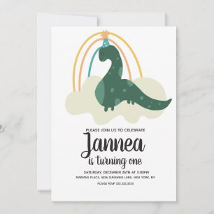 Hand Drawn Dinosaur Rainbow Birthday Party Green Invitation