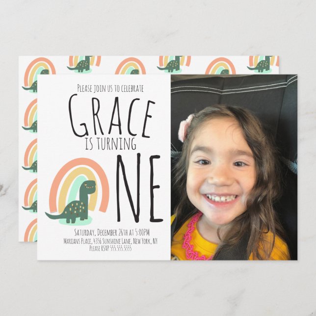 Hand Drawn Dinosaur Rainbow Birthday Party Photo I Invitation (Front/Back)
