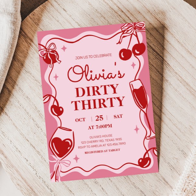 Hand Drawn Dirty Thirty Birthday Party Invitation (Hand Drawn Cherry Dirty Thirty Birthday Party Invitation)