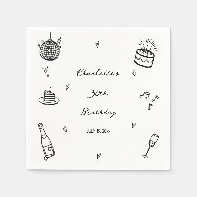 hand drawn disco ball 30th Birthday Party Favor Napkin (Front)
