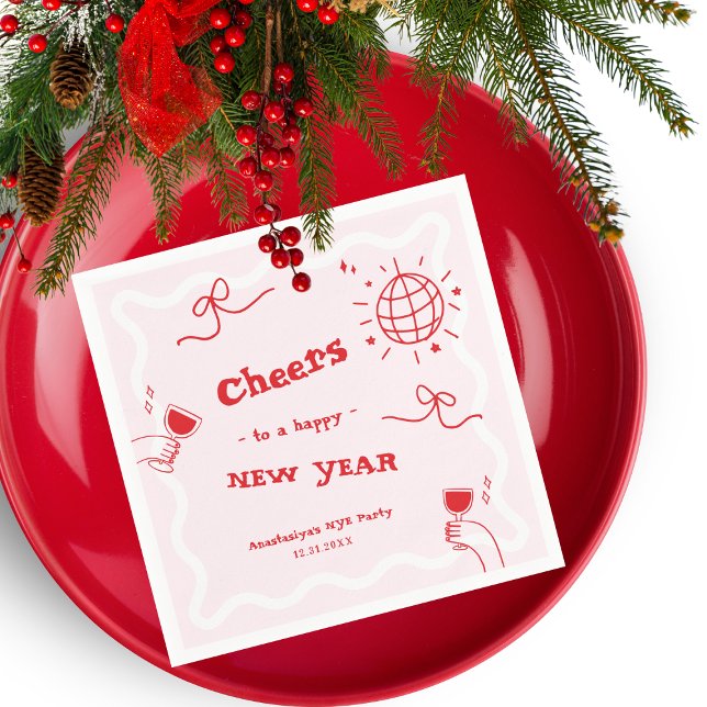 Hand Drawn Disco Pink and Red New Year's Eve Party Napkin (Creator Uploaded)