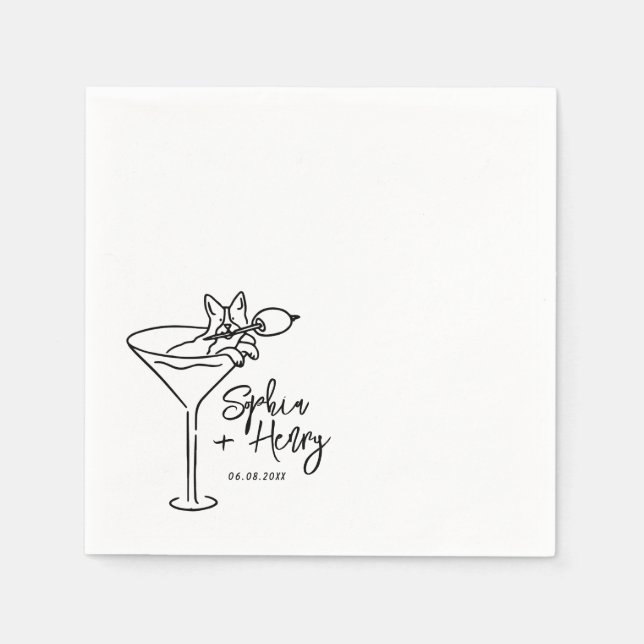 Hand Drawn Dog and Martini Whimsical Wedding  Napkin (Front)