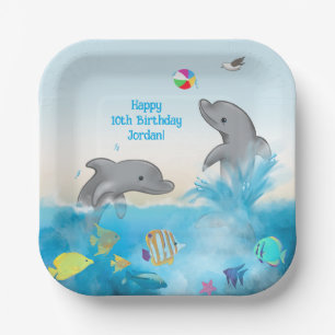 Hand-drawn Dolphin Volleyball Splash Ocean Paper Plate