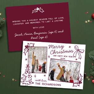 Hand Drawn Doodle 2 Photo Burgundy Merry Christmas Holiday Card