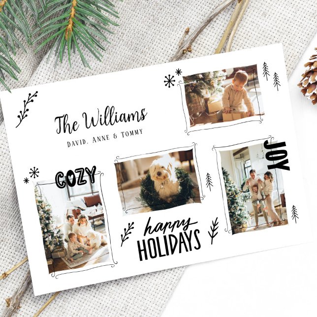 Hand Drawn Doodle 4 Photo Christmas Holiday Card (Creator Uploaded)