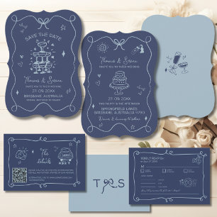 Hand Drawn Doodle Art Modern Scribble Blue  Invitation