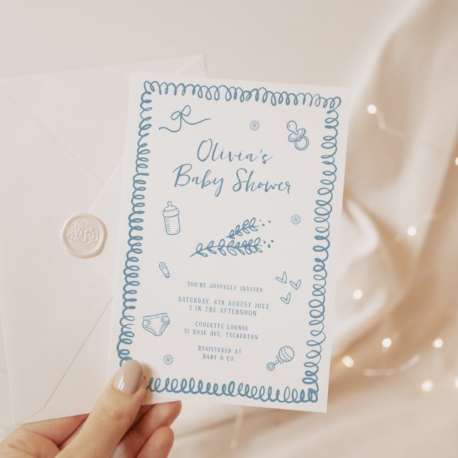 Hand Drawn Doodle Blue Baby Shower Invitation (Creator Uploaded)