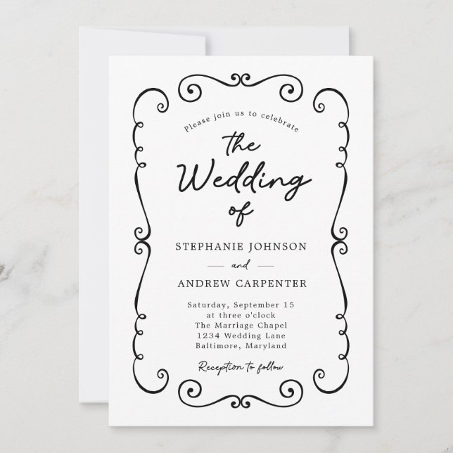 Hand Drawn Doodle Border QR Code Wedding Invitation (Front)
