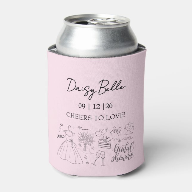 Hand Drawn Doodle Bridal Shower Pink Can Cooler (Can Front)