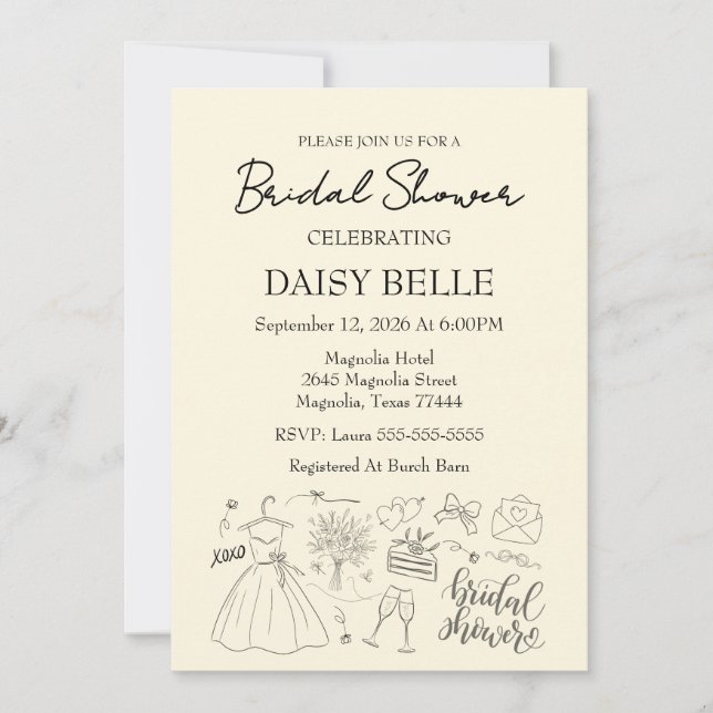 Hand Drawn Doodle Bridal Shower Yellow Invitation (Front)