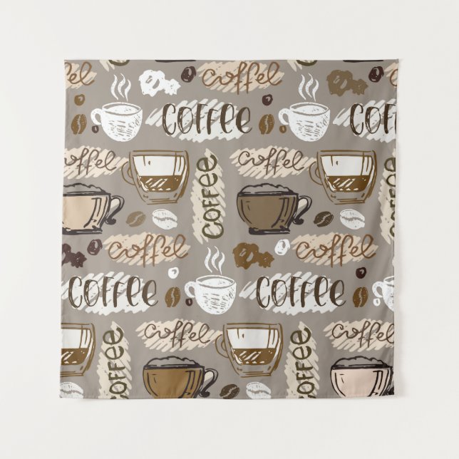 Hand drawn doodle coffee pattern background tapestry (Front)