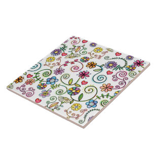 Hand Drawn Doodle Colourful Floral seamless patter Ceramic Tile