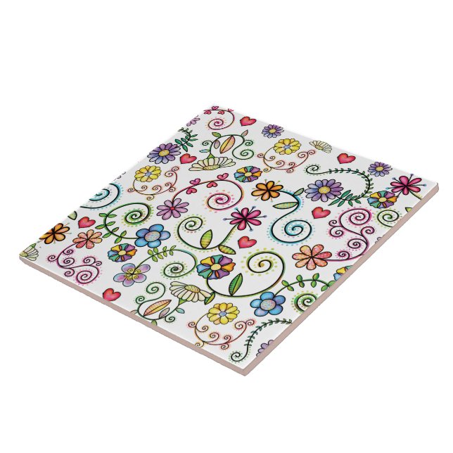 Hand Drawn Doodle Colourful Floral seamless patter Ceramic Tile (Side)