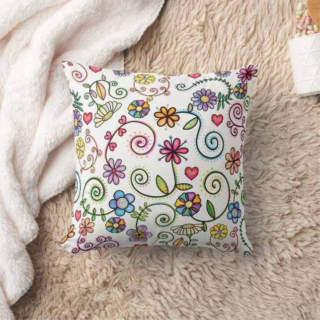 Hand Drawn Doodle Colourful Floral seamless patter Cushion (Blanket)