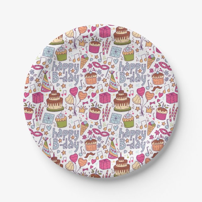 Hand Drawn Doodle Fun Happy Birthday  Paper Plate (Front)
