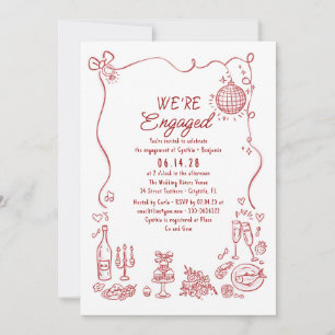 Hand Drawn Doodle Funky Whimsical Engagement Party Invitation