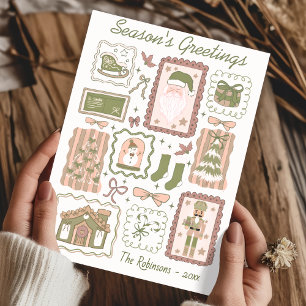 Hand Drawn doodle green peach christmas greeting Card