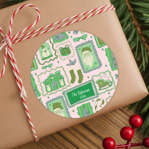 Hand Drawn doodle green pink christmas Classic Round Sticker