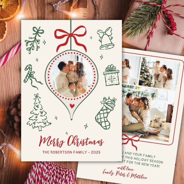 Hand-Drawn Doodle Green Red Photo Merry Christmas Holiday Card (Creator Uploaded)