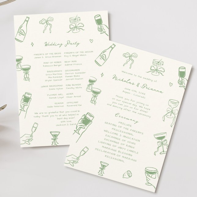 Hand Drawn Doodle Green Wedding  Program (Creator Uploaded)