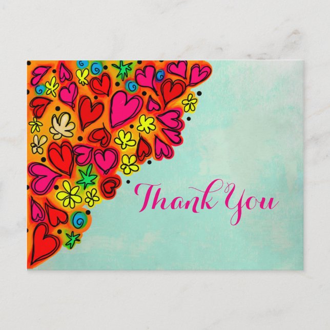 Hand Drawn Doodle Heart and Flowers Thank You Postcard (Front)