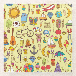 Hand-drawn doodle kids: vintage pattern. glass coaster