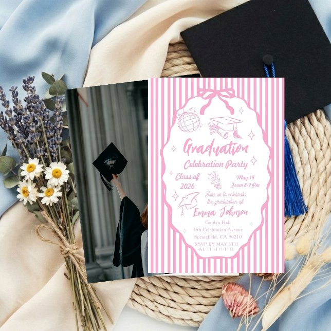 Hand drawn  Doodle Minimalist Stripe Graduation  Invitation (Creator Uploaded)