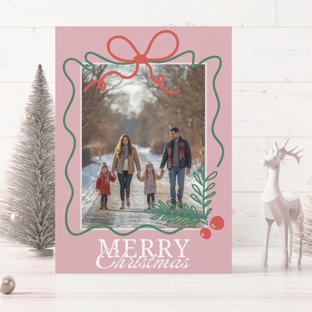 Hand-drawn doodle modern pink Merry Christmas  Holiday Card (Creator Uploaded)