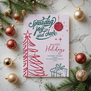 Hand Drawn Doodle Red Green Pink Christmas  Holiday Postcard