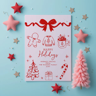 Hand Drawn Doodle Red Pink Christmas Holiday Card