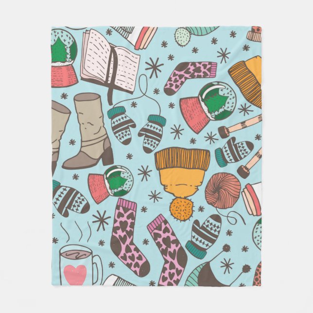 Hand drawn doodle sketch seamless pattern. Winter  Fleece Blanket (Front)
