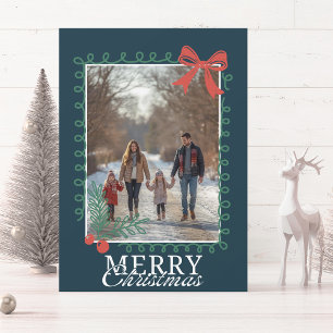 Hand-drawn doodle teal blue Merry Christmas Holiday Card