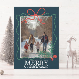 Hand-drawn doodle teal blue Merry Christmas Holiday Card